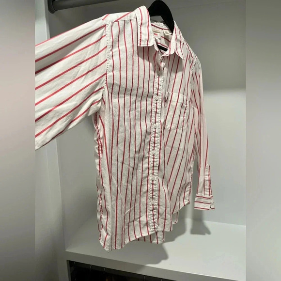 LEVI’S ULTIMATE BOYFRIEND striped cotton shirt White with Red Pinstripes large - Picture 3 of 8
